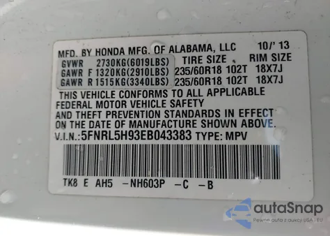 2014 Honda Odyssey Touring/Touring Elite z USA, uszkodzony, nr VIN 5FNRL5H93EB043383